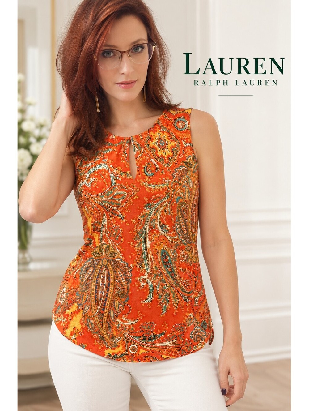 Lauren Ralph Lauren Womens M Orange Paisley Keyhole Sleeveless Top Blouse